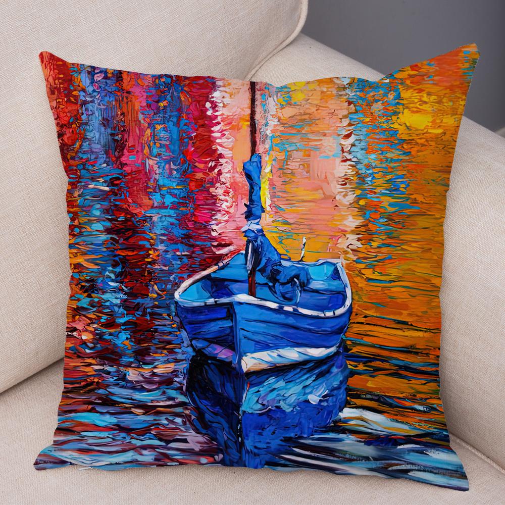 Federa Cuscino Stile Pittura ad Olio Paesaggio Colorato Barca Cavallo Stampa Floreale Lino Morbido Soggiorno Camera da Letto Casa Federa