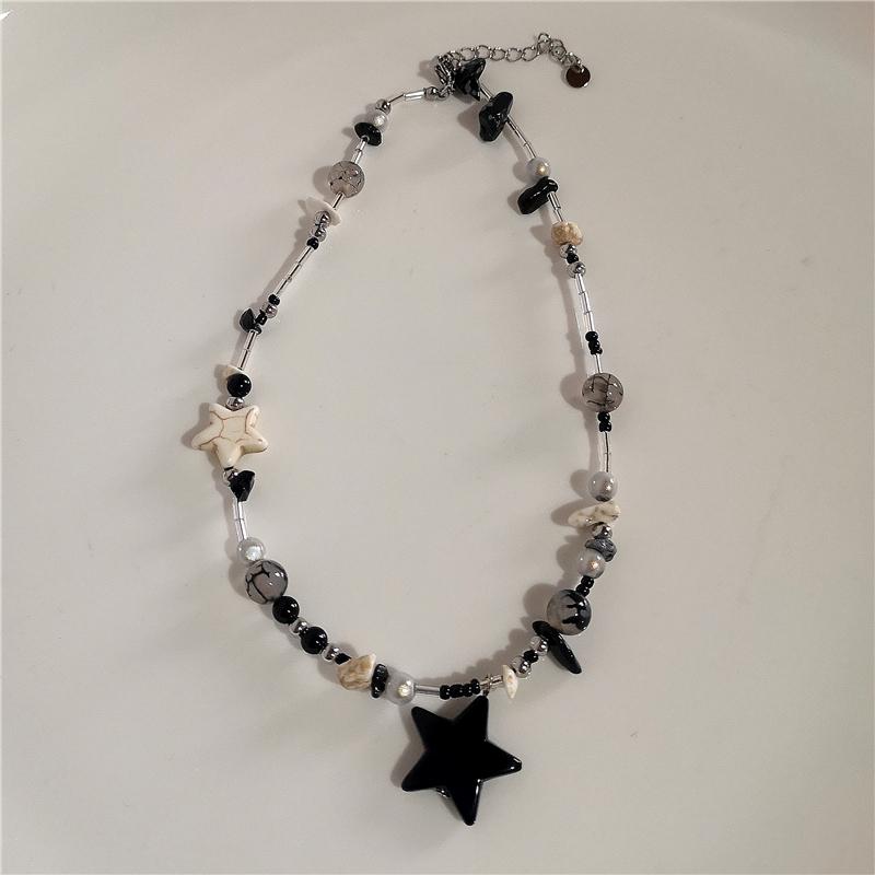 Kpop Goth Vintage Aesthetic Y2K Star Pendant Beaded Silver Color Chain Necklace Women Men Cool Grunge EMO 2000s Jewely Accessory