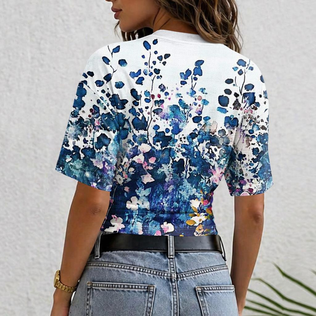 Women's Crew Neck Pullover T-Shirt Floral Print Short Sleeve Casual Loose Fit Top Lightweight Summer Tee