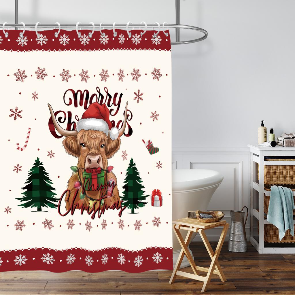 1pc Christmas Highland Cow Print Waterproof Shower Privacy Hanging Curtain with 12 Hooks, Multiple Sizes Machine Washable