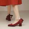 2025 New Red Bow Pearl Mary Jane Platform Lolita Heels for Women Chunky Wedding Shoes Waterproof Mid Heel Single Shoes