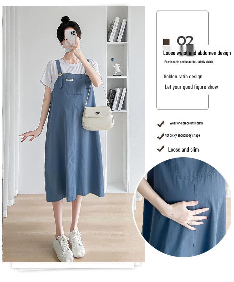 2023 Trendy Maternity Summer Dress - Stylish Loose Mid-Length Splicing Suspender Skirt (Fake Two-Piece)
