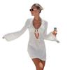 Holiday Hollow Out Mini Dress Women Knit Lace Up Long Flare Sleeve Beach Dresses, Lady Vacation Solid Vestidos