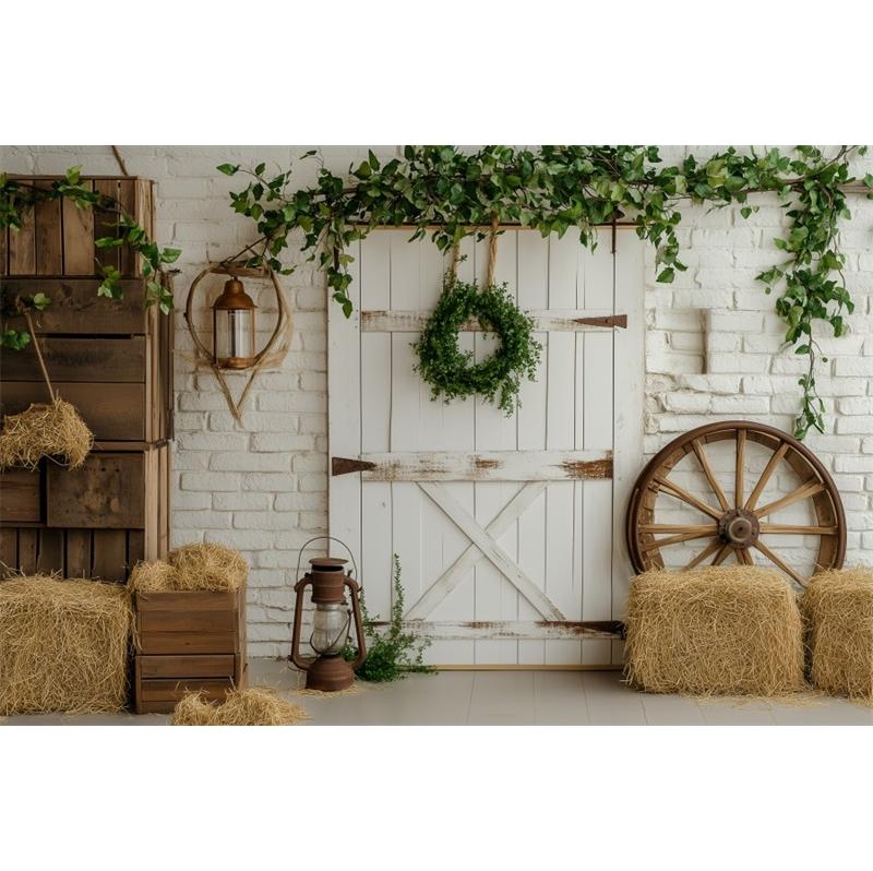 Weiße Holztür Scheunen Fotografie Kulisse Westliches Thema Heuhaufen Kranz Kinder Familienporträt Hintergrund Fotostudio Requisiten