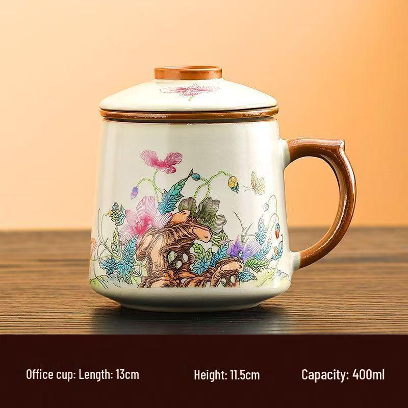 Blue and White Ceramic Office Mug with Tea and Water Separation, Large Capacity.