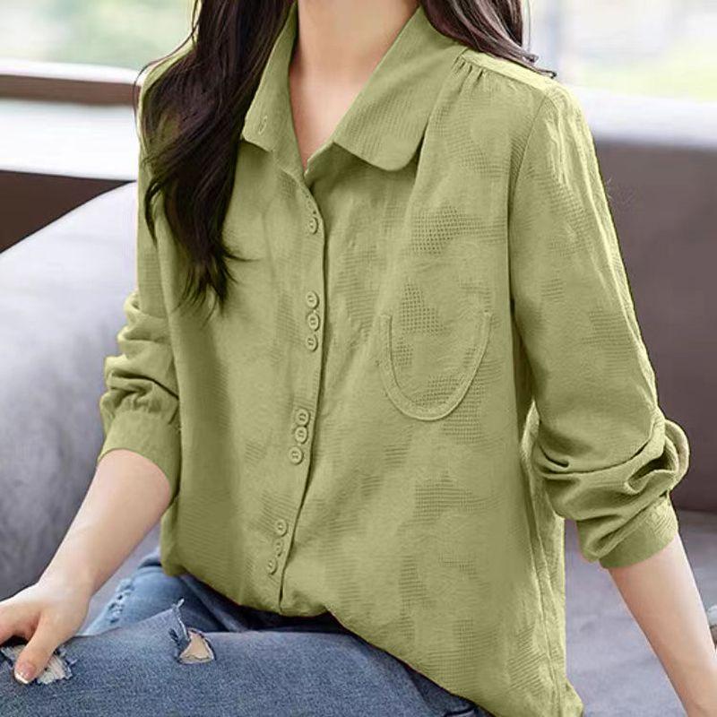 

Высококачественная рубашка из хлопка и льна для женщин с длинными рукавами, стильная осенняя повседневная маленькая свободная рубашка из жаккарда для женщин на весну и осень L