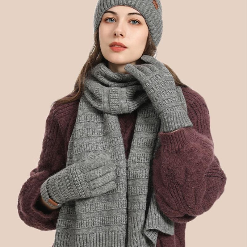 Winter Scarf Hat Gloves Set Acrylic Fibre Warm Accessories For Skiing Hiking Outdoor Activity Cold Weather Essential