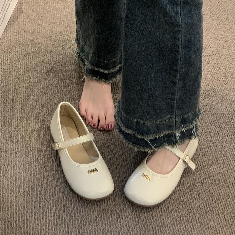 Popular shallow soft-soled single shoes 2025 spring new letter one-word buckle French simple single shoes temperament flat shoes