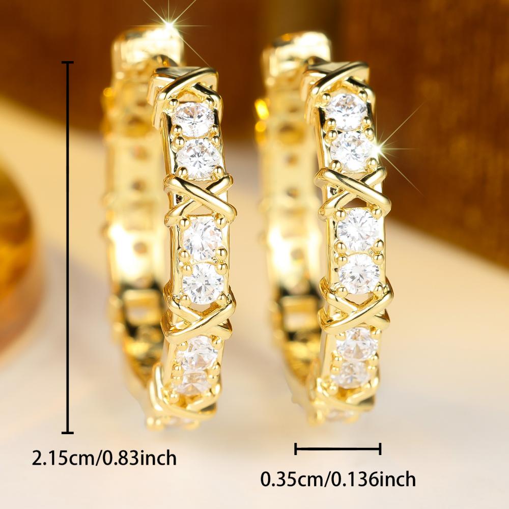 Stylish Gold Color Cross Twisted White Zircon Hollow Huggie Hoop Earrings for Women Daily Fashion Simple Jewelry