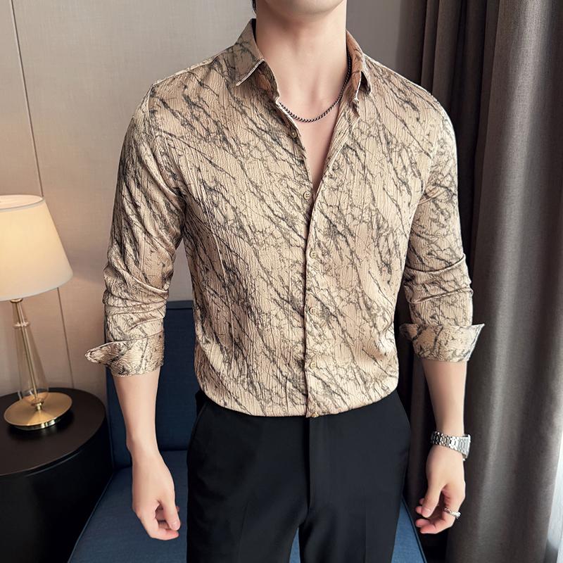 

Мужские повседневные рубашки в корейском стиле с принтом и длинным рукавом, мужские классические рубашки, облегающие деловые блузки-смокинги 2XL серый