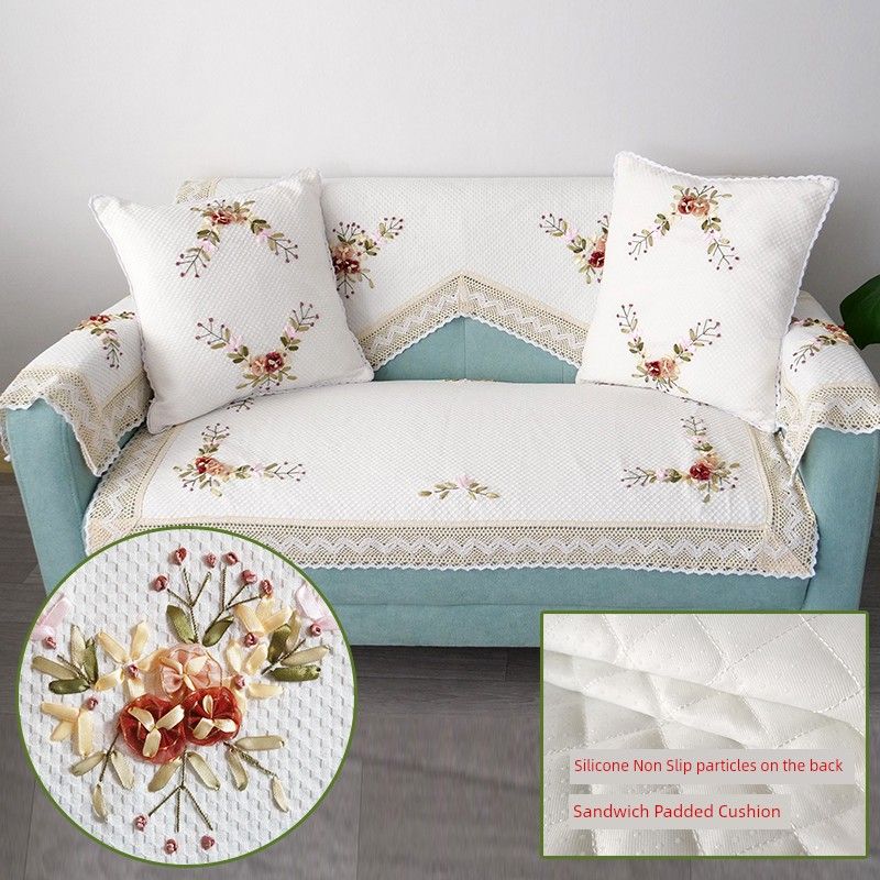 

High-End Embroider Sofa Back Towel All Year Round Neutral Minimalist Modern Cotton and Linen Fabric Non Slip White Towel Single Towel Non Slip Milky White azaleas Hand towel 75*55