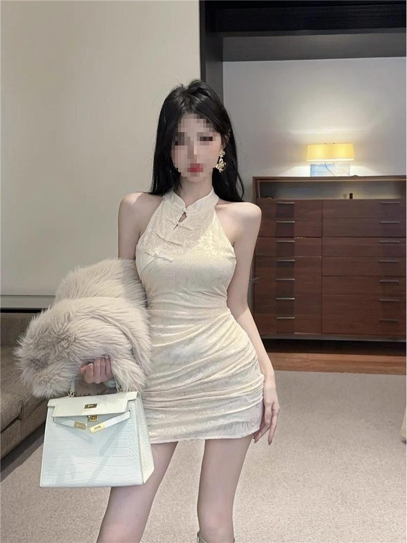 

Summer Petite Waist-Cinching Cheongsam: Off-Shoulder Halter Neck Dress for Women Extra Large абрикосовий