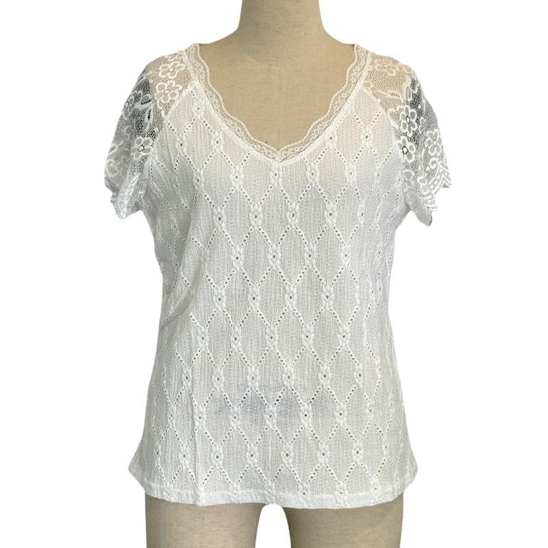 Fashion Summer White Lace Women Blouse Elegant Short Sleeved Loose Simple Hollow Out Sweet Office Shirt Ladies Embroidery T-shirt Top Clothing