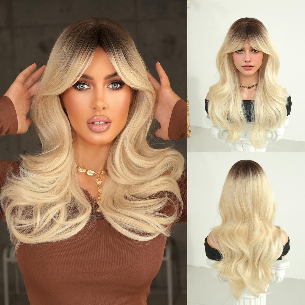 European Style Gradient Gray Medium Long Curly Wig 20 Inch Curtain Bangs Fluffy Heat Resistant Synthetic Wig for Women Daily