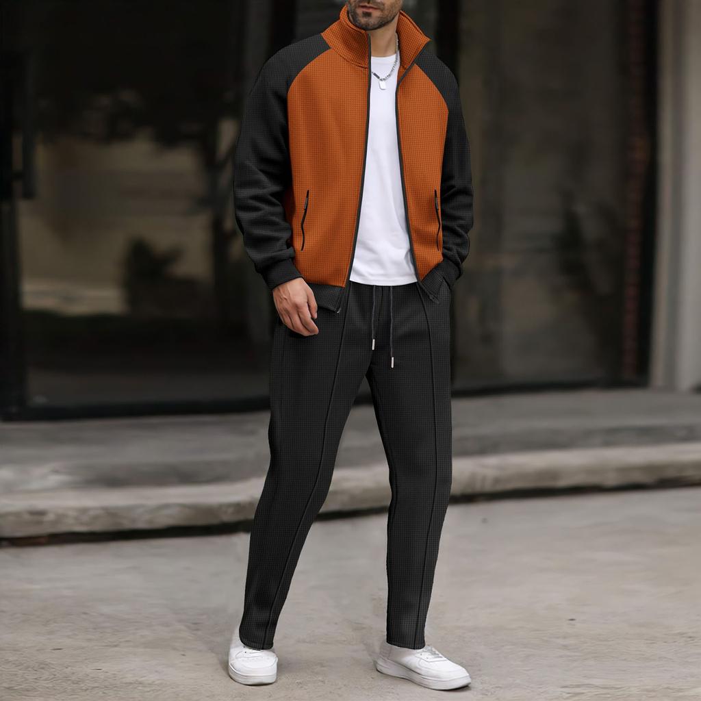 Men  Waverg  Zipper  Pocket  Flip Collar  Self-Cultivation  Cardigan  Jacket  Set