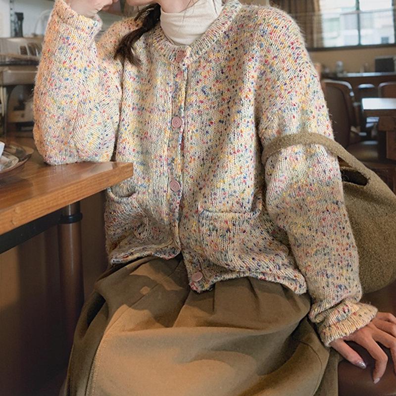 

2024 Colorful Dot Crew Neck Knitted Cardigan - Women s Autumn/Winter Loose Sweet Casual Style Sweater One Size