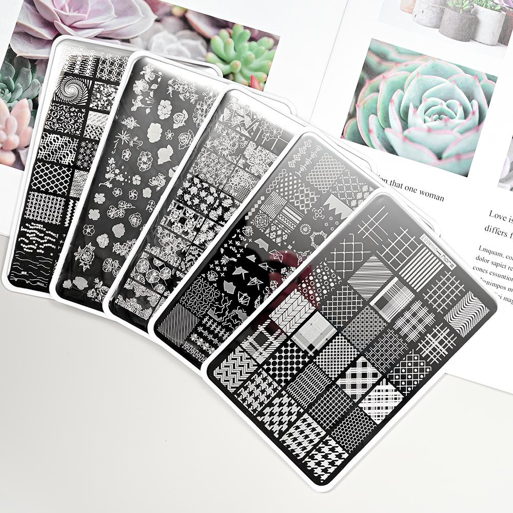 Destičky na ražení nehtů Zimní linky svetru s pruhovaným vzorem Šablony na nehty DIY geometrický kostkovaný design nehtová deska Obrázek Decoratio