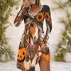 Women Criss Cross V Neck Long Sleeve Printed Dress Halloween Pumpkin Mushroom Fitted Curved Hem
