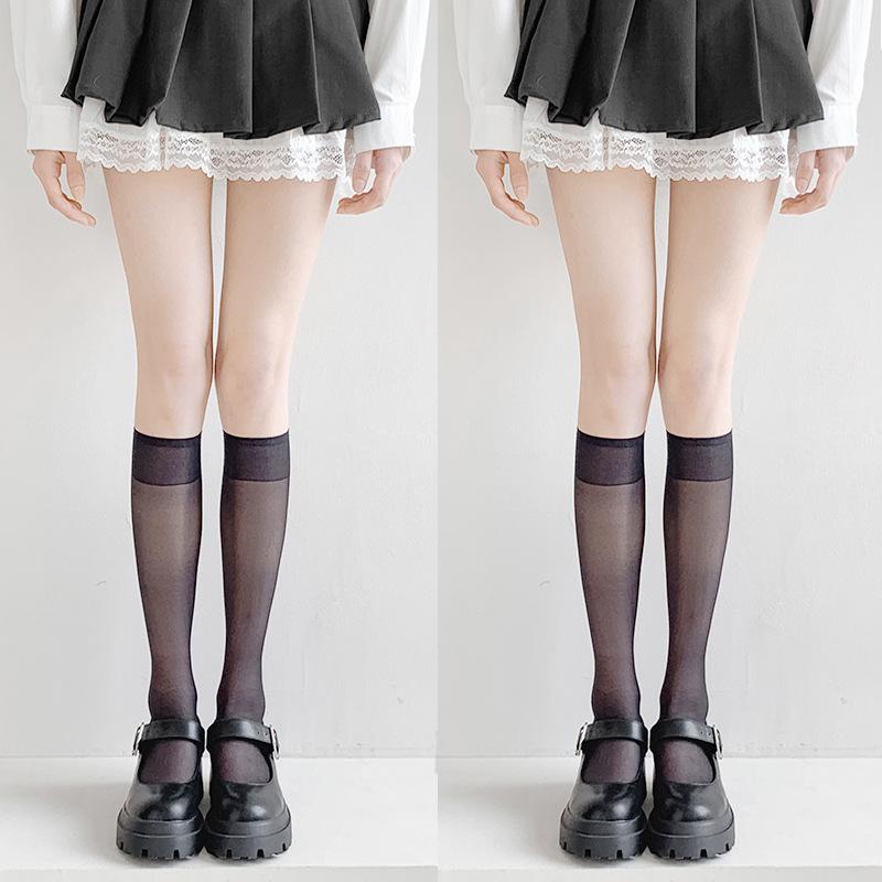 White silk calf socks women's summer thin Japanese jk socks white stockings stockings sexy half black silk medium tube socks