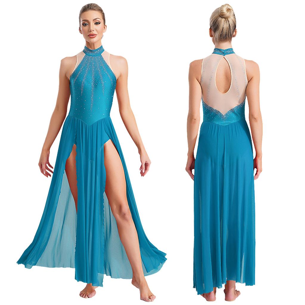 Damen Modern Lyrical Dance Dress Ärmellos Split Sheer Mesh Ballet Gymnastik Trikotkleid Zeitgenössische Performance Dancewear