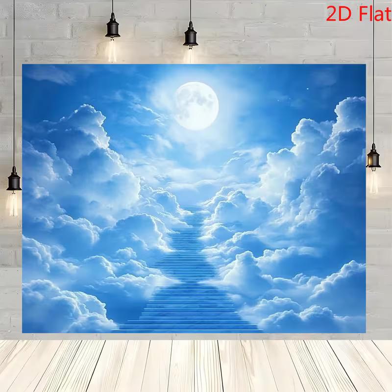 2D Heaven Stairway Backdrop Cloud Moon Sky Photography Background Banner