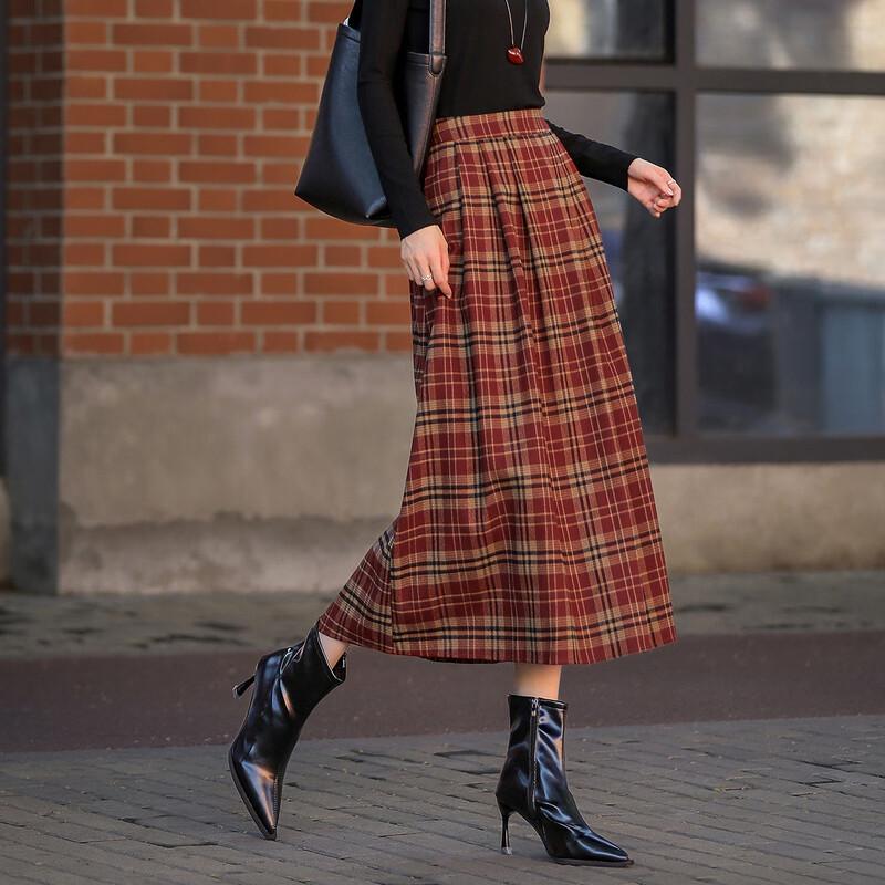 Demana Retro Plaid Elastic Waist Pleated Midi Skirt XL