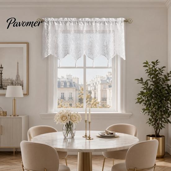 French Rose Lace Curtain Window Valance Curtain, White Sheer Short with Tassels And Rod Pocket, Vintage Light Filtering for Living Room Bedroom Breeze