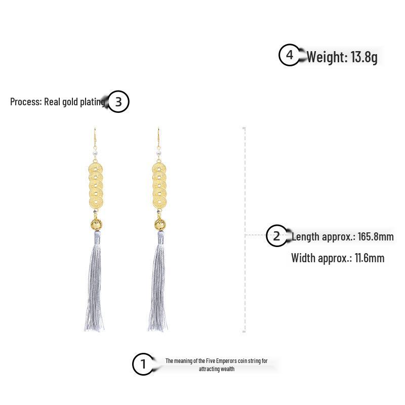 Chinese Style Five Emperors Coin Tassel Earrings for Women - Palace-Inspired Luxury Fashion Ear Hooks