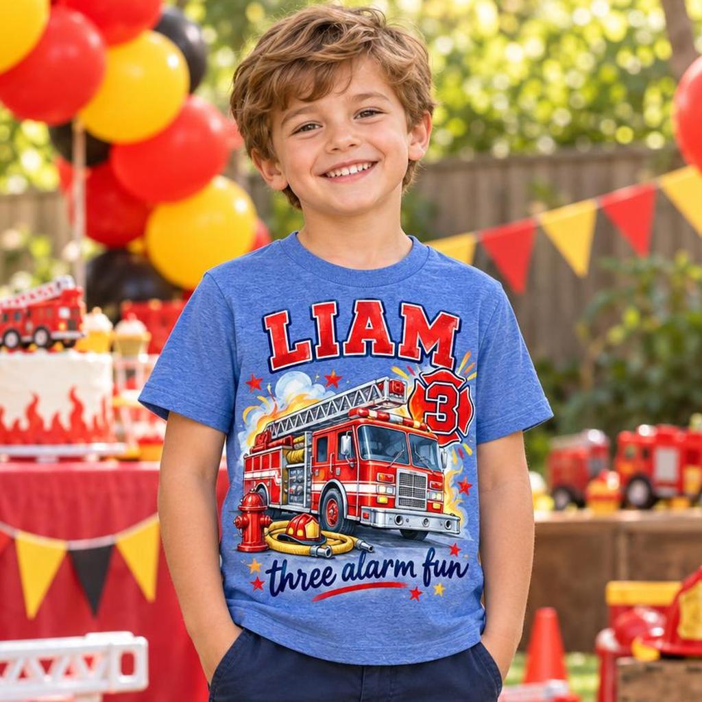 Personalized 3rd Birthday Boy Shirt, Custom Fire Truck Birthday Tee with Name and Age, Firefighter Toddler Gift, Third Birthday Outfit