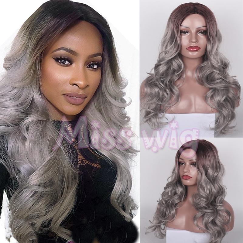 

Длинные Curly Парик Серый Ombre волна Curly парик Синтетические парики