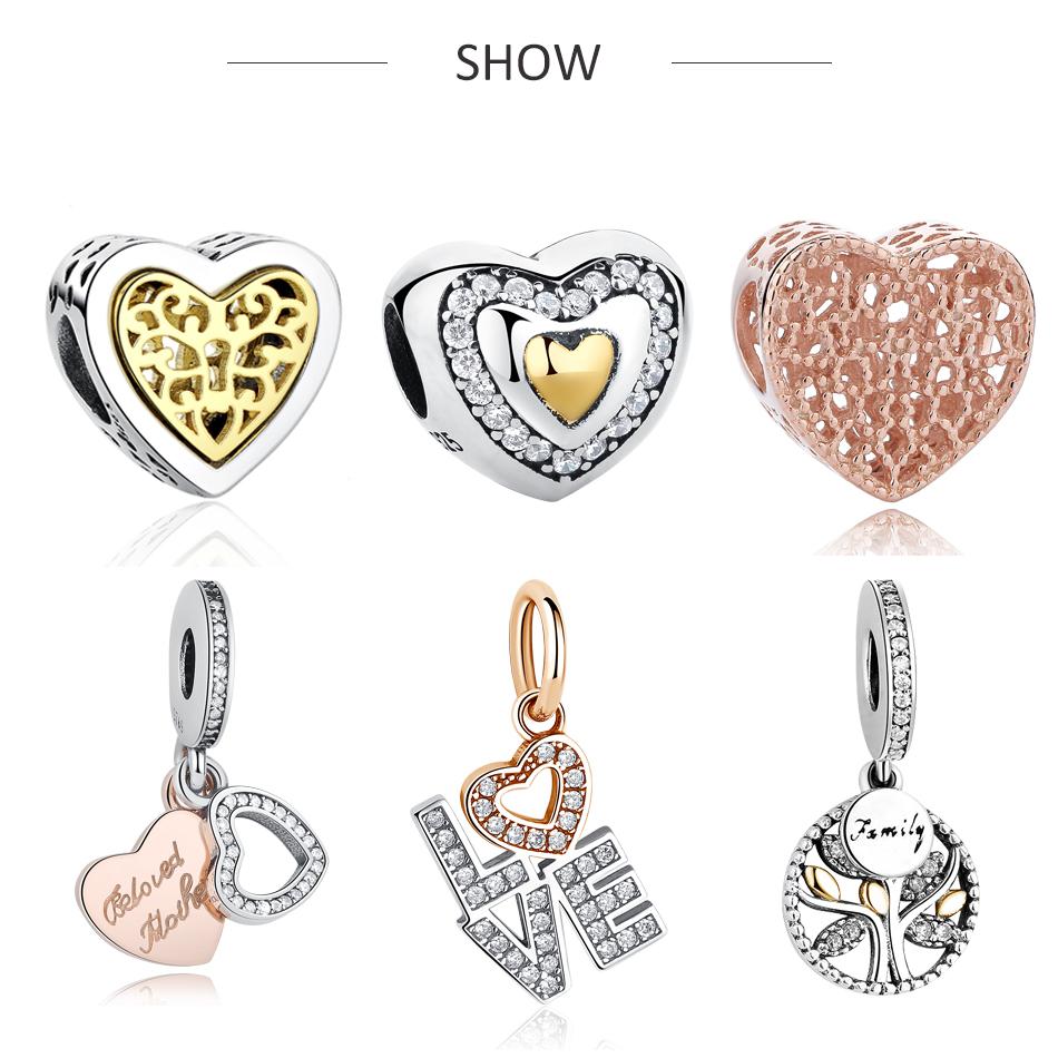 Fashion Rose Gold Tree Feather Heart Charms Beads Fit Original Bracelet Women 925 Sterling Silver Jewelry Accessories