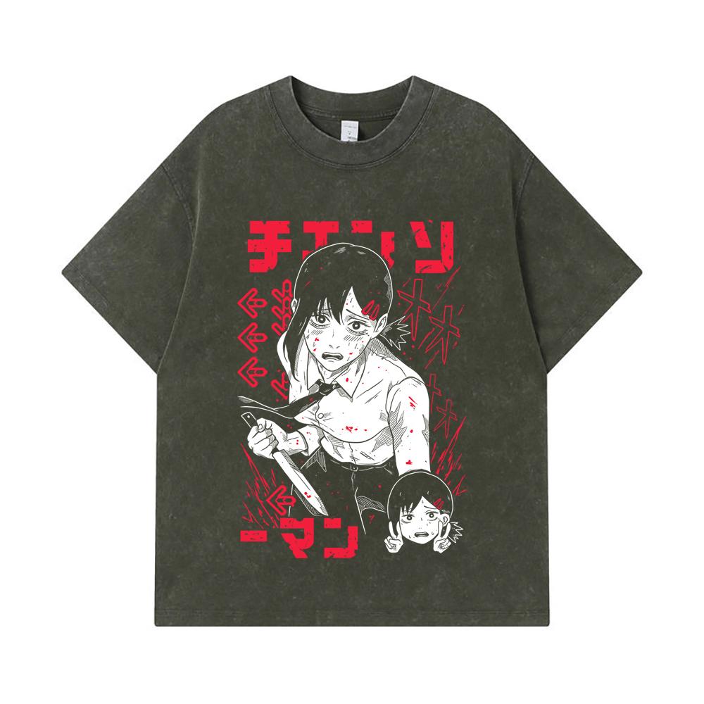 

275 GSM Washed T-shirts 100% Cotton Chainsaw Man V14 Kobeni Print Unisex Heavy Cotton T Shirt S армия зеленый