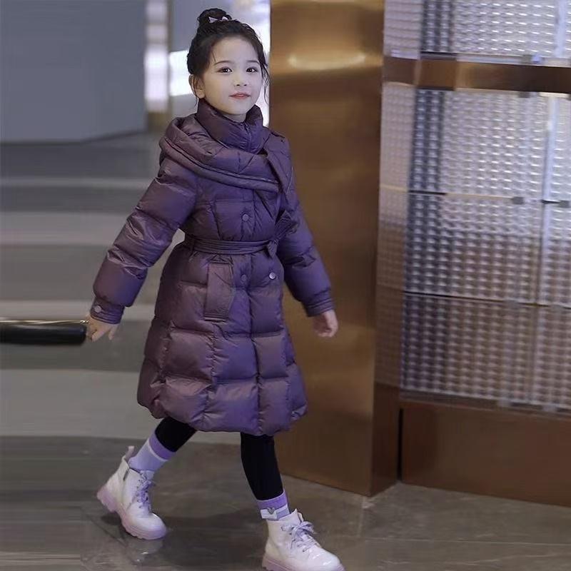 -30℃ Long Style Girls Jacket Winter Solid Color Thick Warm Fashion Hooded Trench Coat for 5-12Y Kids Cotton Down Snowsuit