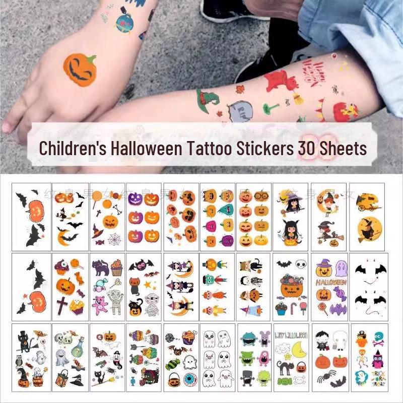 Halloween Kids' Waterproof Cartoon Tattoo Stickers - Cute Pumpkin, Ghost, and Skull Designs for Face Makeup