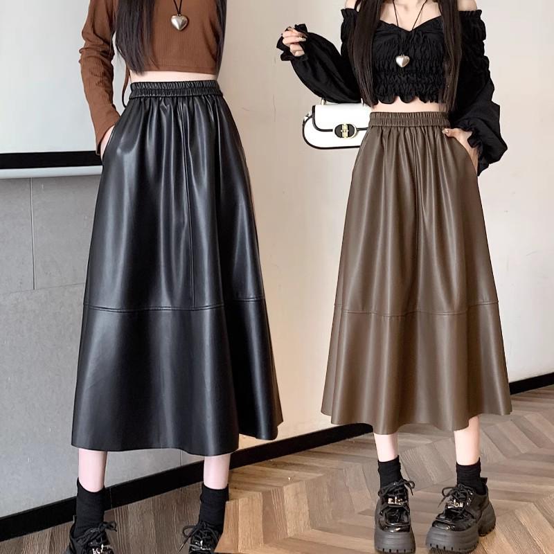 

Women s Black High Waist Leather Midi Skirt - Autumn/Winter 2025 Bodycon A-Line Umbrella Style M кавовий