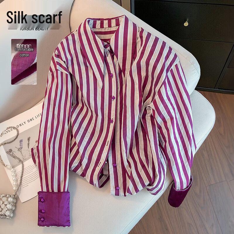 Women s Lapel Color-block Striped Long-Sleeve Shirt XL