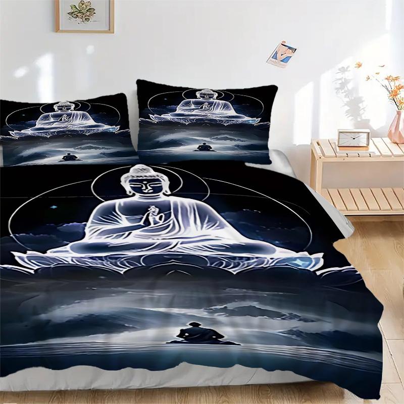 Juego de Funda Nórdica de 3 Piezas con Estatua de Buda con Una Funda Nórdica y Dos Fundas de Almohada (Sin núcleo) - Diseño de Dibujos Animados de Anime, Perfecto para Decoración de Dormitorio y Habitación de Invitados