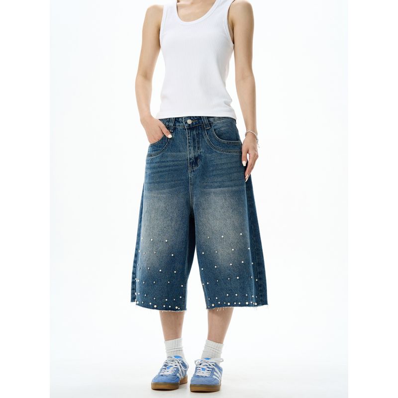 Summer American-Style Beaded Washed Distressed Raw Hem Denim Shorts for Men and Women, Loose Straight-Leg Mid-Length Pants with a Sense of Design