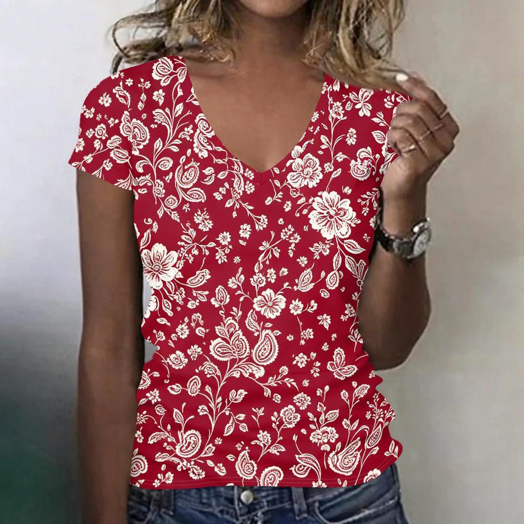 Camiseta Floral de Manga Corta con Cuello en V para Mujer, Informal, Holgada, Ligera, Pulóver para Uso Diario, Oficina, Escuela, Viajes