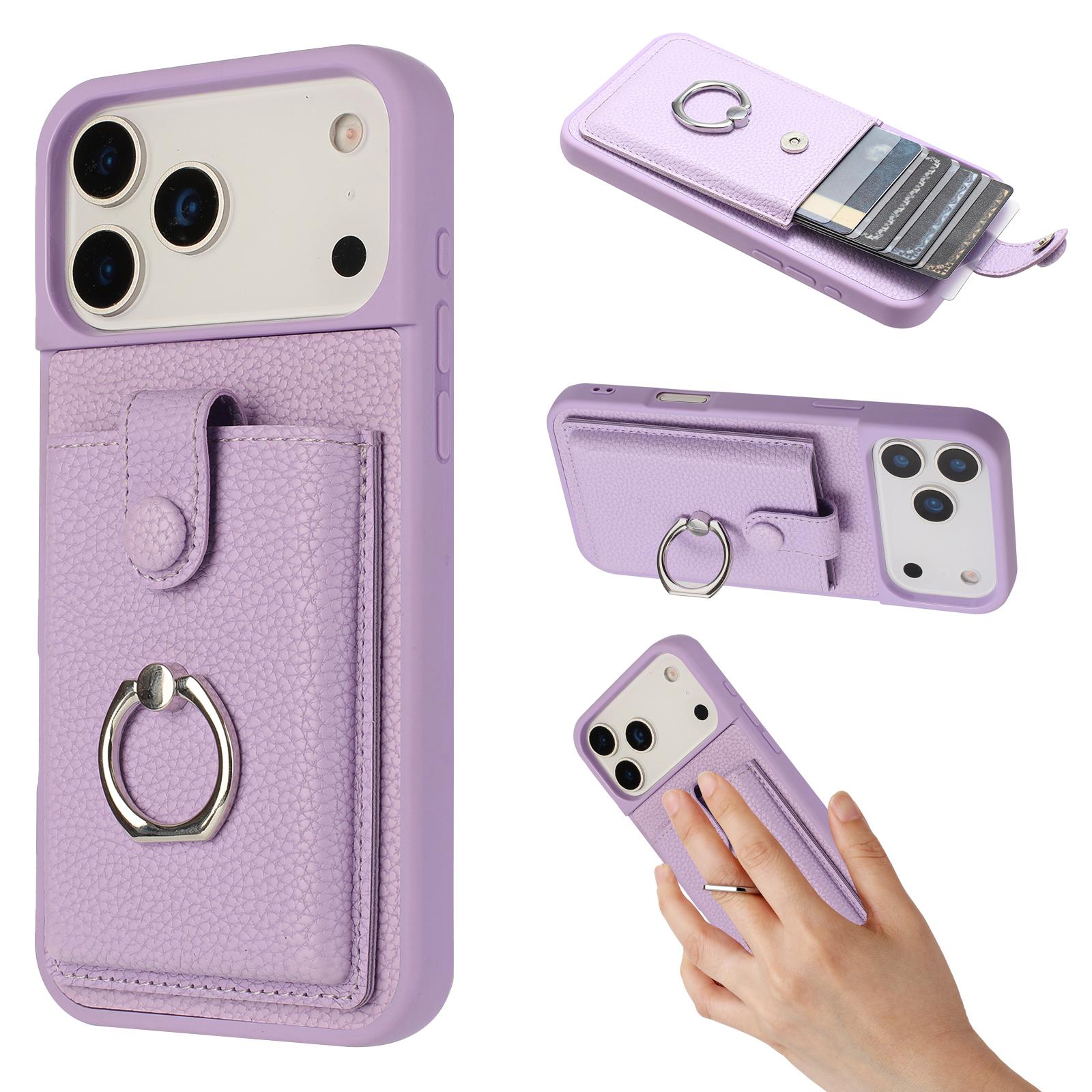 

For iPhone 17 Pro Max Case with Ring Kickstand Drawing Type Card Slots Leather Back Cover Purple