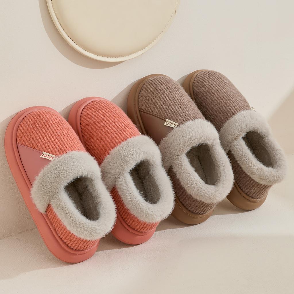 Winter Women Cotton Slippers Plush Warm Thick Bottom Slides Breathable Soft Non-slip Slippers Indoor Outdoor Men Casual Slippers