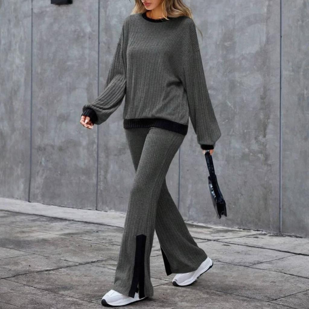 Women's Fashionable Color Blocked Round Neck Long Sleeved Top, High Waist Split Casual Pants Loose Home Suit Set