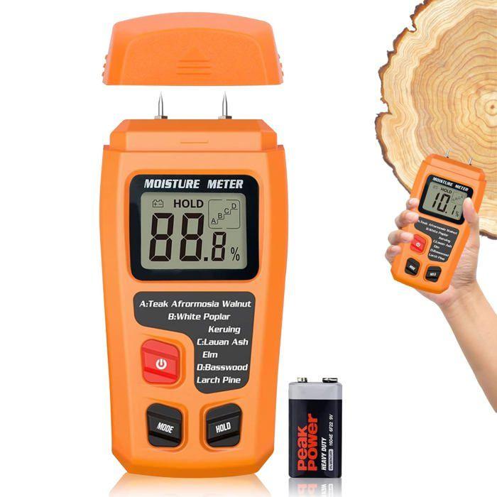 Testeur Humidité Bois, Humidimètre pour Bois de Chauffage avec LCD Rétroéclairé, Humidimètre Bois Cloison, 4 Modes de Mesure