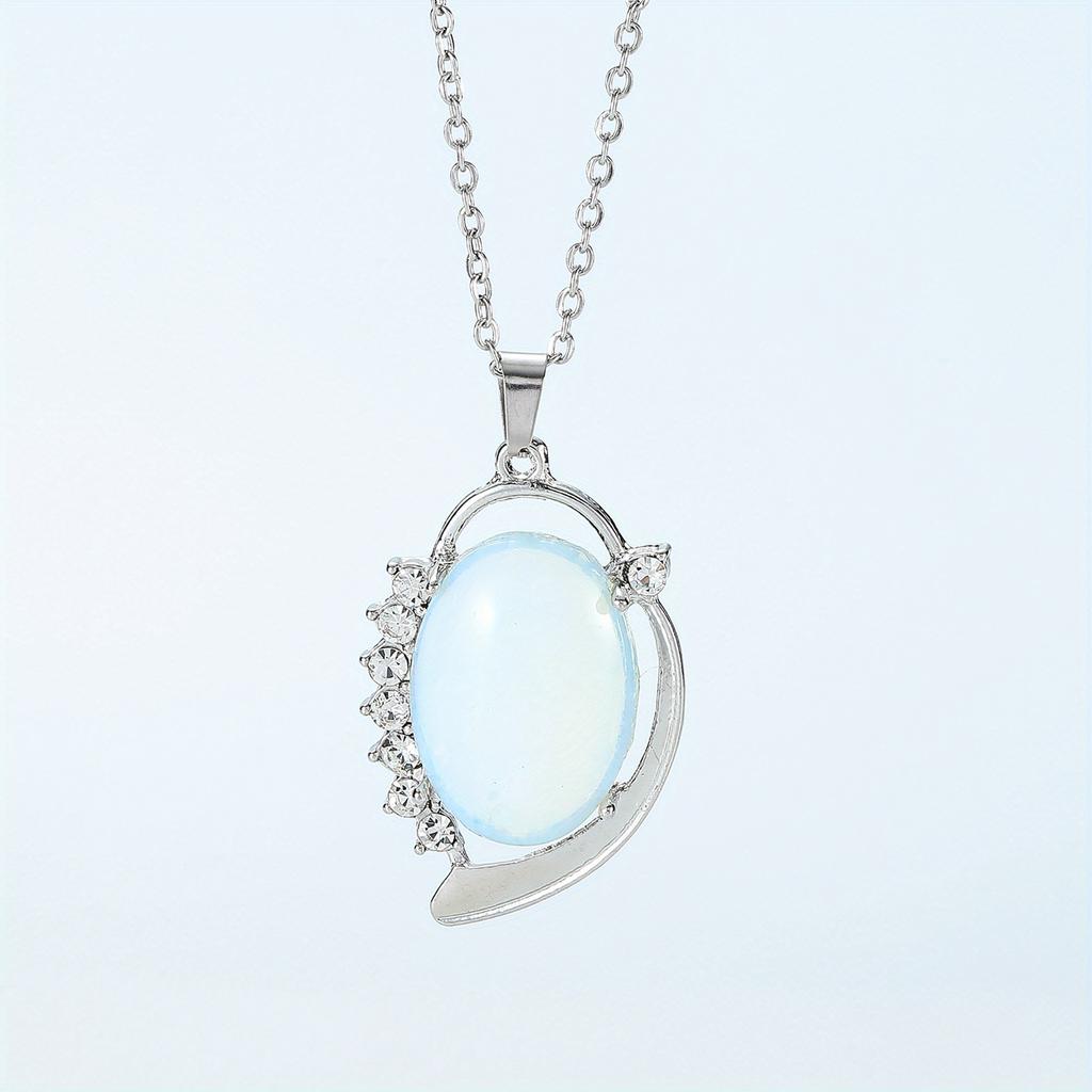 Natural Crystal Stone Pendants Necklaces Oval Bead Healing Pink Quartz Jewelry for Women Oval Shape Charms Metal Alloy Pendant