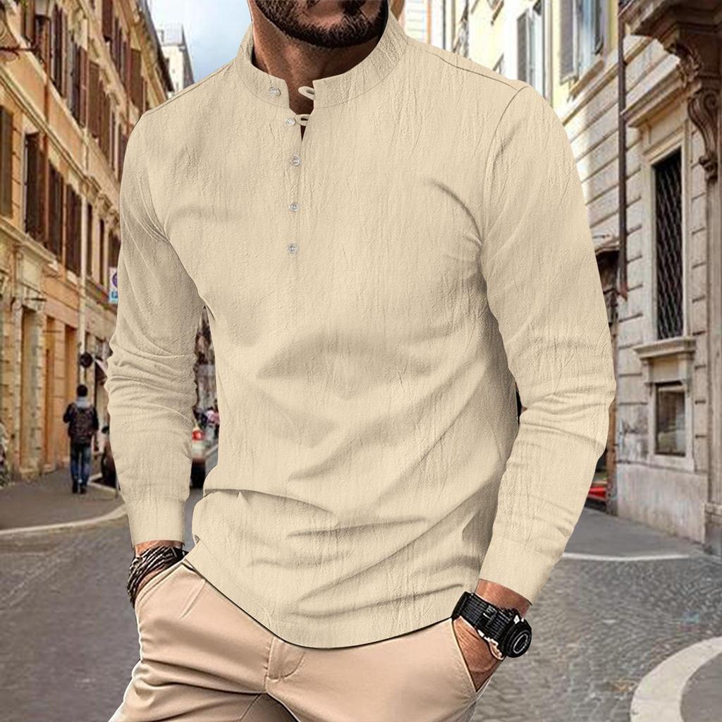 Nova camisa masculina vintage de algodão linho cor sólida casual manga comprida gola alta henley camisa masculina