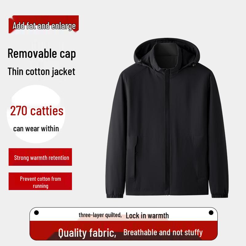 Men's Plus Size Windproof Cotton-Padded Detachable Hood Jacket