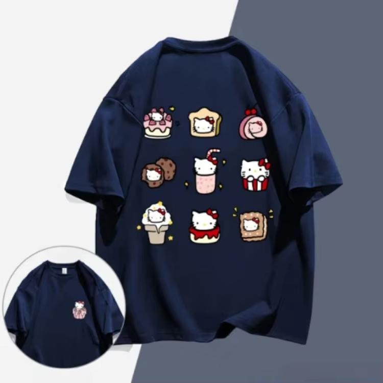 2026 Summer HelloKitty Cartoon Graphic Tee Casual Short Sleeve Cotton Tops for Adults Kids Lovely Kawaii Streetwear Style