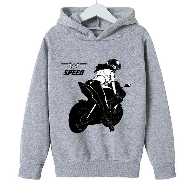 2026 Kids Unisex Hoodie: Black & White Silhouette Female Motorcycle Rider SPEED Racing Theme
