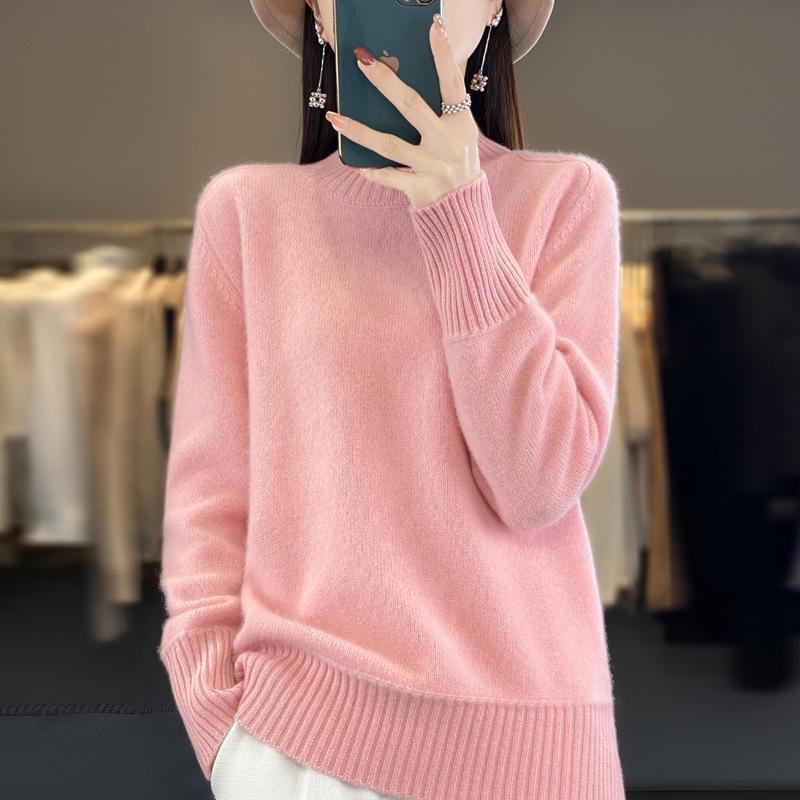 Women's Pure Wool Loose Knit Pullover - Long Sleeve, Half-High Collar, Solid Color Sweater Top