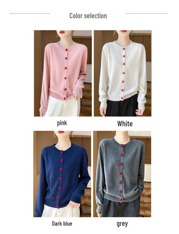 Women's 100% Wool Round Neck Long Sleeve Knit Cardigan with Cashmere Inner Layer
